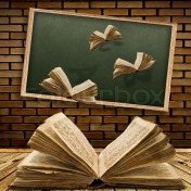 1547196-photo-of-urban-interior-with-school-blackboard-and-opened-vintage-flying-book