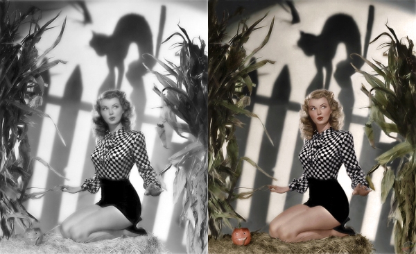 Black and white pinup photo restored and colorized